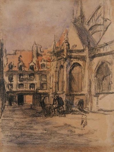 Rue Sainte Catherine og de gamle arkader, Dieppe, ca. 1900 (kul og akvarel) af Walter Richard Sickert