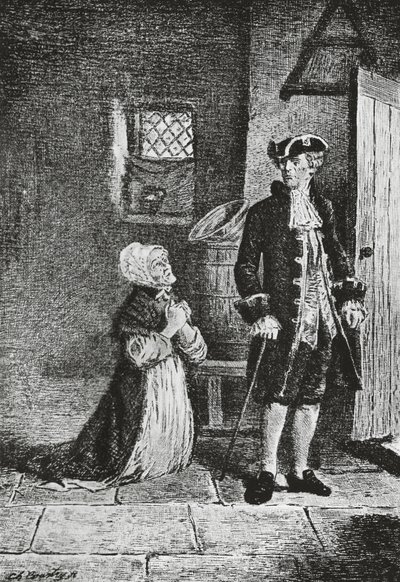 Elspeth og Lord Glenallan, illustration til Antiquary, historisk roman af Walter Scott (1771-1832), gravering af Walter Scott