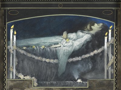Romeo og Julie (akvarel med kropsfarve og guld på papir) af Walter Sigmund Hampel