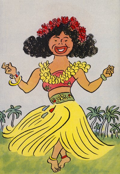 Walter Triers skøre kostumer: Hawaii (farvelitografi) af Walter Trier