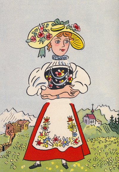 Walter Triers skøre kostumer: Schweiz (farvelitografi) af Walter Trier