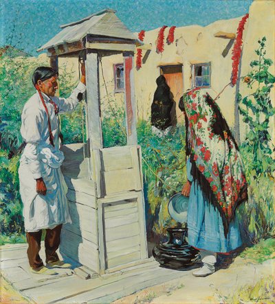 A Pueblo Well Scene (olie på lærred) af Walter Ufer