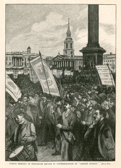 Offentligt møde på Trafalgar Square til minde om Bloody Sunday (gravering) af Walter Westley Russell