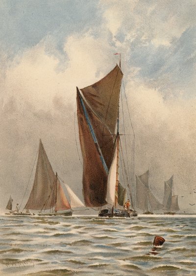 Pramme på Themsen (farvelitografi) af Walter William May