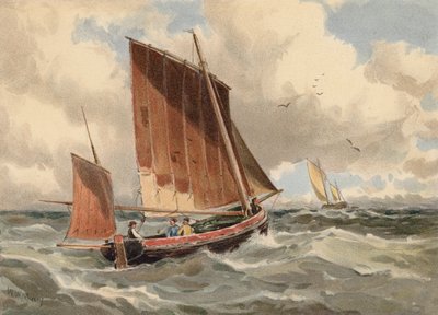 Fransk lugger på vej ud på havet (farvelitografi) af Walter William May