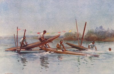 New Zealand: Canoe Hurdle Race (farvelitografi) af Walter Wright