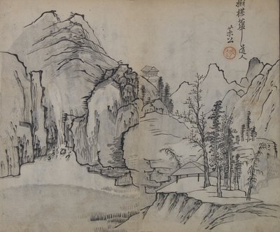 Landskab efter Wu Zhen 1280-1354, fra Mustard Seed Garden Manual of..., første udgave, 1679. af Wang Gai