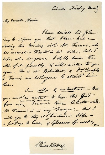 Brev fra Warren Hastings, Bengalens generalguvernør til sin kone, 17. august 1780. af Warren Hastings