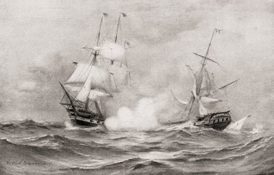 Kampen mellem USS Constitution og HMS Guerriere under krigen i 1812, cirka 400 miles sydøst for Halifax, Nova Scotia, fra The History of Our Country, udgivet 1905 af Warren Sheppard