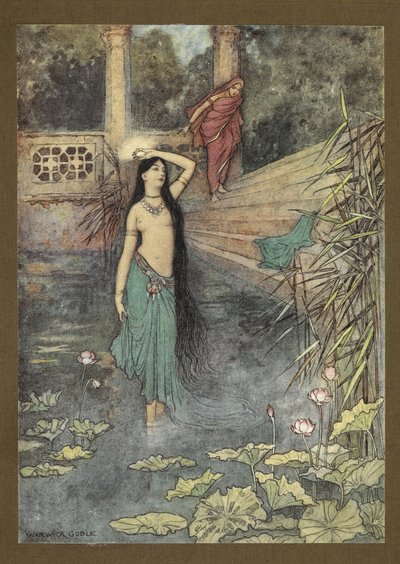 Frontispice: "Hun skyndte sig ud af paladset... og kom til den øvre verden." fra Folk-Tales of Bengal ... Med 32 illustrationer i farver af Warwick Goble (Edition de luxe.) af Warwick Goble