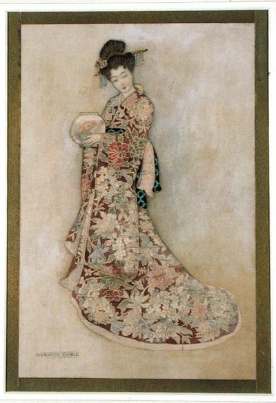 Geisha-pige (akvarel og guld på linned) af Warwick Goble