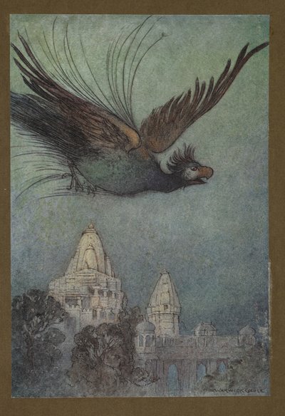 Plade 10: "En uhyrlig fugl kommer tilsyneladende ud fra paladset", fra Folk-Tales of Bengal ... Med 32 illustrationer i farver af Warwick Goble (Edition de luxe.) 1914 (color litho) af Warwick Goble