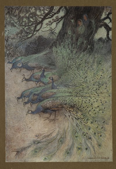 Plade 11: "Hundreder af påfugle af smukke faner kom til dæmningerne for at spise khaien", fra Folk-Tales of Bengal ... Med 32 illustrationer i farver af Warwick Goble. (Edition de luxe.) af Warwick Goble