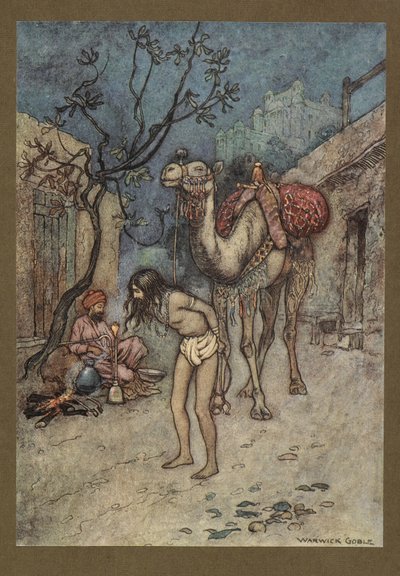 Plade 16: "Kameldriveren steg af, bandt kamelen til træet på stedet og begyndte at ryge."  Folk-Tales of Bengal ... Med 32 illustrationer i farver af Warwick Goble. (Edition de luxe.).  1914 af Warwick Goble