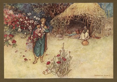 Plade 17: "At dawn he used to cull flowers in the first", fra Folk-Tales of Bengal ... Med 32 illustrationer i farver af Warwick Goble. (Edition de luxe.) af Warwick Goble