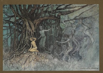 Plade 19: "I det øjeblik det første slag blev givet, skyndte rigtig mange spøgelser mod Brahmanen, fra "Folk-Tales of Bengal ... Med 32 illustrationer i farver af Warwick Goble (Edition de luxe.) af Warwick Goble