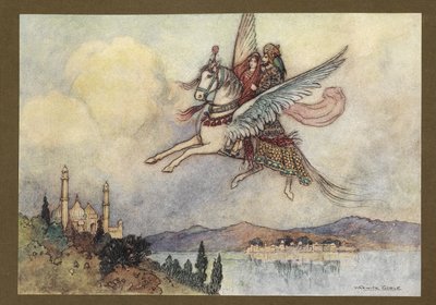 Plade 20: "Damen, kongen og hiramanden nåede alle kongens hovedstad i god behold", fra Folk-Tales of Bengal ... Med 32 illustrationer i farver af Warwick Goble (Edition de luxe.) af Warwick Goble