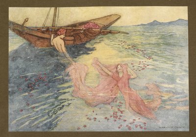 Plade 22: "Coming up to the surface they climbed into the boat", fra Folk-Tales of Bengal ... Med 32 illustrationer i farver af Warwick Goble (Edition de luxe.) af Warwick Goble