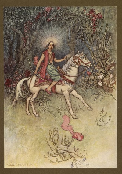 Plade 24: "Et skarpt lys, ligesom Månen, var se skinnende på hans pande", fra Folk-Tales of Bengal ... Med 32 illustrationer i farver af Warwick Goble (Edition de luxe) af Warwick Goble