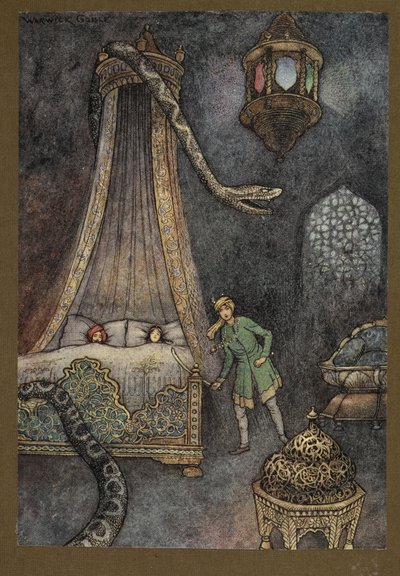 Plade 3: "Han skyndte sig ud af sit skjulested og dræbte slangen", fra Folk-Tales of Bengal ... Med 32 illustrationer i farver af Warwick Goble. (Edition de luxe) af Warwick Goble