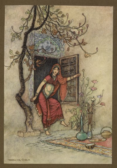 Plade 7: "The Girl of the Wall-Amirah."Folk-Tales of Bengal ... Med 32 illustrationer i farver af Warwick Goble (Edition de luxe) af Warwick Goble