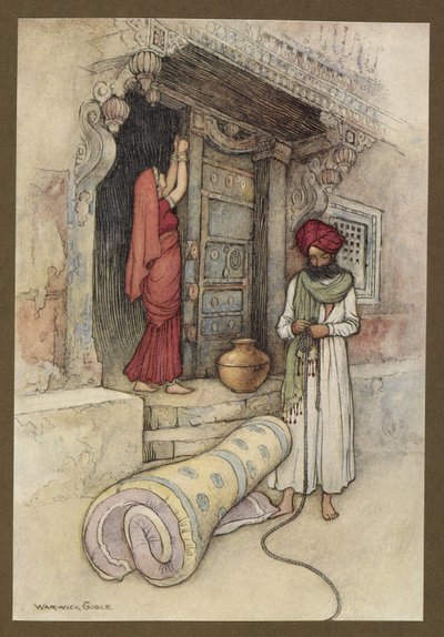 Plade 9: "They then set out on their journey", fra Folk-Tales of Bengal ... Med 32 illustrationer i farver af Warwick Goble. (Edition de luxe) af Warwick Goble