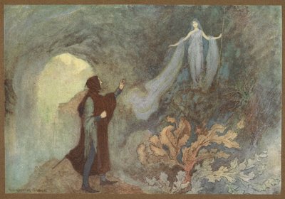 Feen, der viser sig for prinsen i grotten, fra Cenerentola. af Warwick Goble