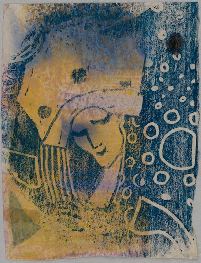 Farbholzschnitt-Probedrucke; Vorderseite: Frauenkopf mit großer Haube, Hintergrund mit Kreismusterung; Rückseite: Hand, stehende Gestalten af Wassily Kandinsky
