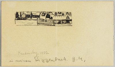 Flodlandskab med båd og befæstet by af Wassily Kandinsky