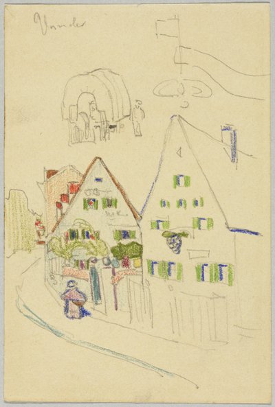 Gyde med gavlhuse og overdækkede vogne, verso: Udsigt over et sted med en løgkuppelkirke af Wassily Kandinsky
