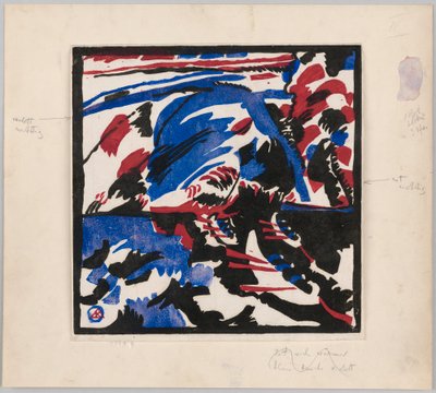 Holzschnitt zu dem Gemälde "Kahnfahrt" (Probedruck mit Anweisungen für Kandinskys Buch "Klänge" (1912), S. 49) af Wassily Kandinsky