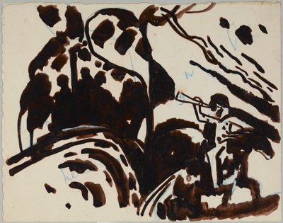 Landskab med en rytter, der blæser i trompet af Wassily Kandinsky