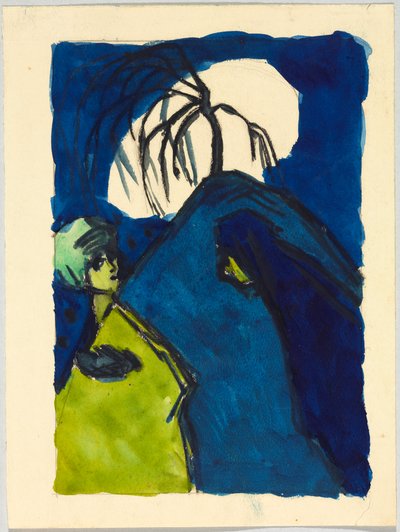 Zwei Gestalten vor Hügel mit Baum und weißer Wolke; Begegnung af Wassily Kandinsky