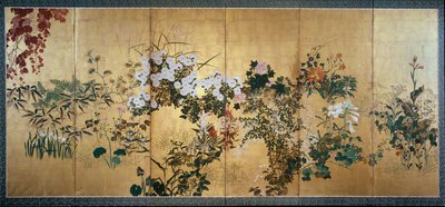 Skærme med efterårs- og vinterblomster, tidligt 1700-tal af Watanabe Shiko