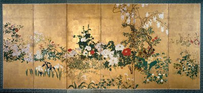 Skærme med forårs- og sommerblomster, tidligt 1700-tal af Watanabe Shiko