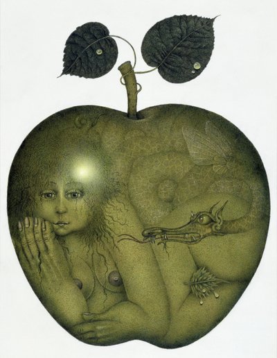 Apple and Eve and Serpent (blyant og farvekridt på papir) af Wayne Anderson