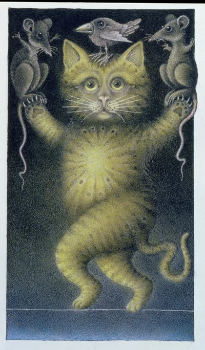 Cat on a Tightrope, balancerende med Bird and Mice (blyant og farvekridt på papir) af Wayne Anderson