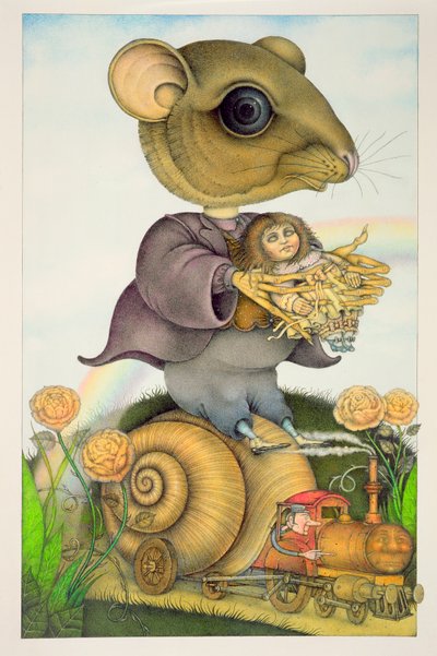 Mouse and Doll on a Snail Train (blyant og farvekridt) (par af 150078) af Wayne Anderson