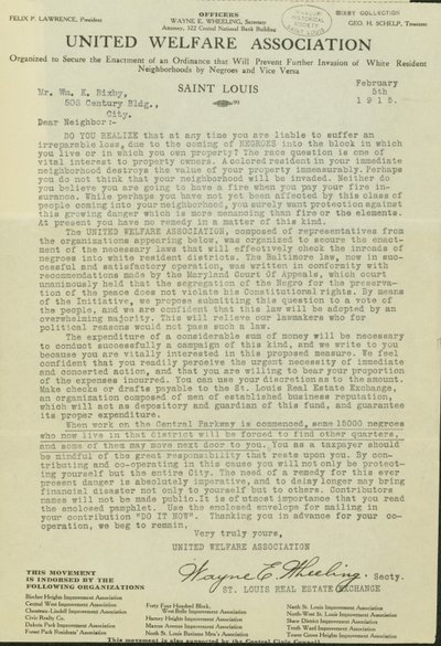 Brev fra Wayne E. Wheeling, United Welfare Association, til Dear Neighbor, 5. februar 1915 af Wayne E. Wheeling