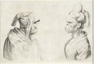 Deforme hoveder af en mand med en floppy hat og en kvinde med bundet hår Varie figurae et probae (serietitel) Karikaturer, hoveder og deformiteter efter Leonardo da Vinci (serietitel) af Wenceslaus Hollar (attributed to)
