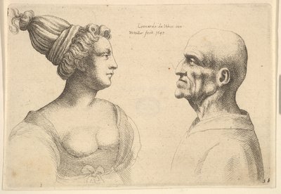 En kvinde med hår bundet tilbage og en skaldet han vendt mod hinanden, 1645. af Wenceslaus Hollar