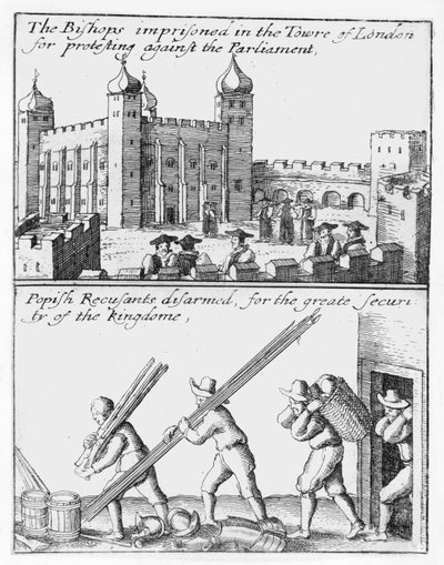 Biskopper fængslet i Tower of London; Popiske rekusanter afvæbnet af Wenceslaus Hollar