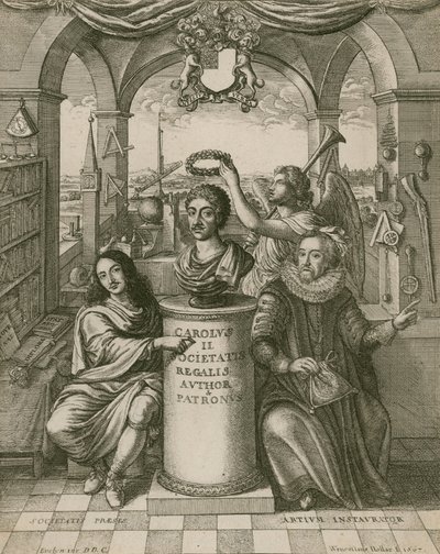 Buste af Charles II, med Lord Brouncker (til venstre), den første præsident for Royal Society, og Francis Bacon (til højre) af Wenceslaus Hollar