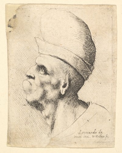 Buste af en deform mand iført løgformet hat i profil til venstre, 1625-77. af Wenceslaus Hollar