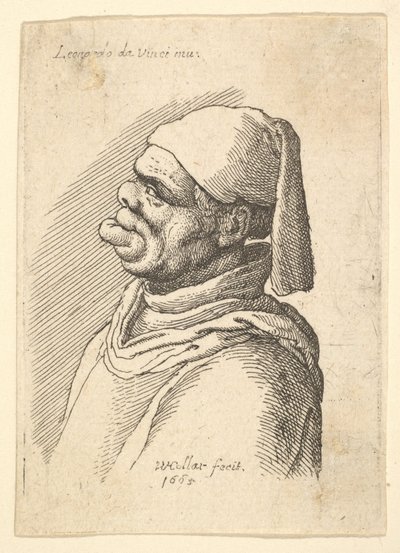 Buste af vanskabt mand med hat og fed, fremspringende underlæbe i profil til venstre, 1625-77. af Wenceslaus Hollar