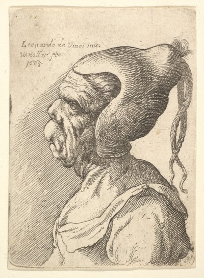 Buste af en deformeret kvinde med konisk hat og to dinglende fletninger i profil til venstre, 1665. af Wenceslaus Hollar