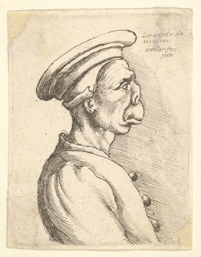 Buste af en mand med flad næse og udstående mund, iført flad kasket og frakke med knap i..., 1660. af Wenceslaus Hollar