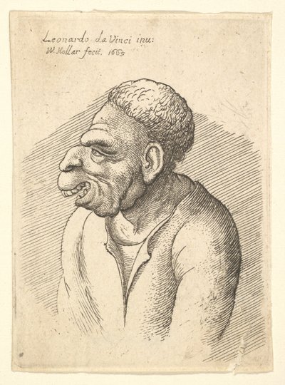 Buste af en mand med kroget næse, fremtrædende overlæbe, åben mund og kort krøllet hår..., 1665. af Wenceslaus Hollar