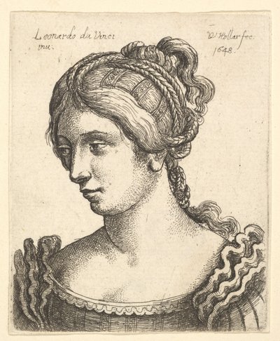 Buste af en kvinde, der kigger nedad mod venstre med kunstfærdigt dekoreret hår, 1648. af Wenceslaus Hollar