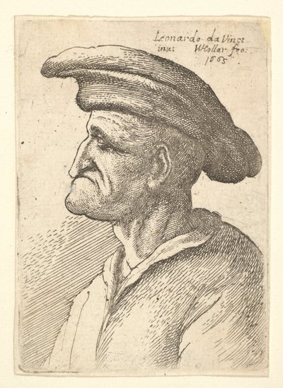 Buste af ældre mand med næse, der møder hans underlæbe, iført bred flad kasket i profil t..., 1665. af Wenceslaus Hollar